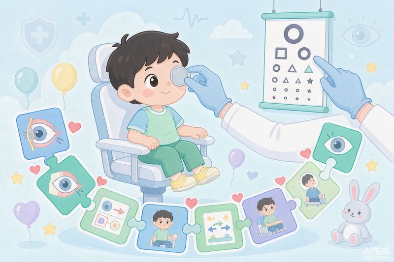 长春普瑞眼科儿童斜弱视检查与遮盖治疗插画